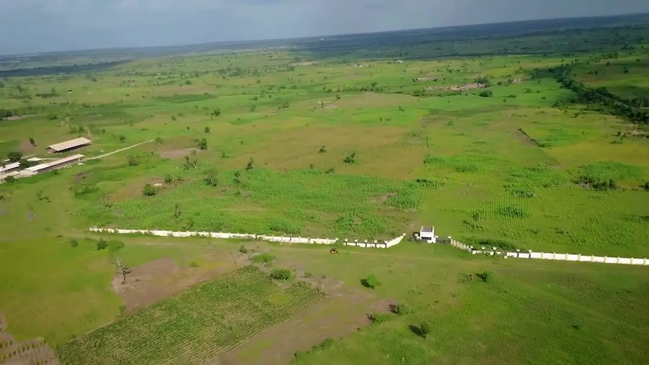 Drone view of open farmland with a long white perimeter fence and site buildings on the left