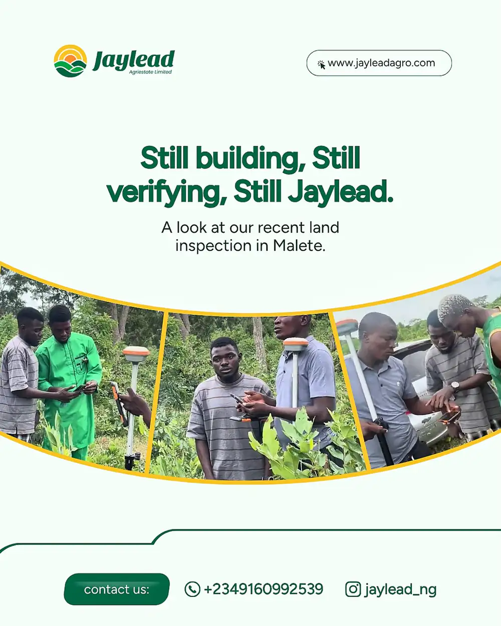 A Jaylead graphic about the land inspection in Malete, Kwara, with field photos