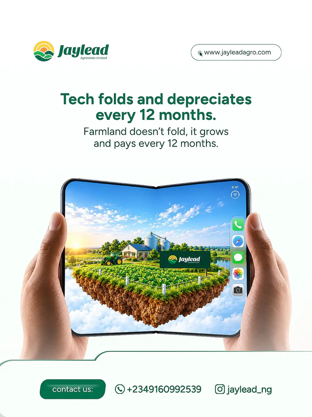 A Jaylead graphic: technology depreciates, farmland can keep producing