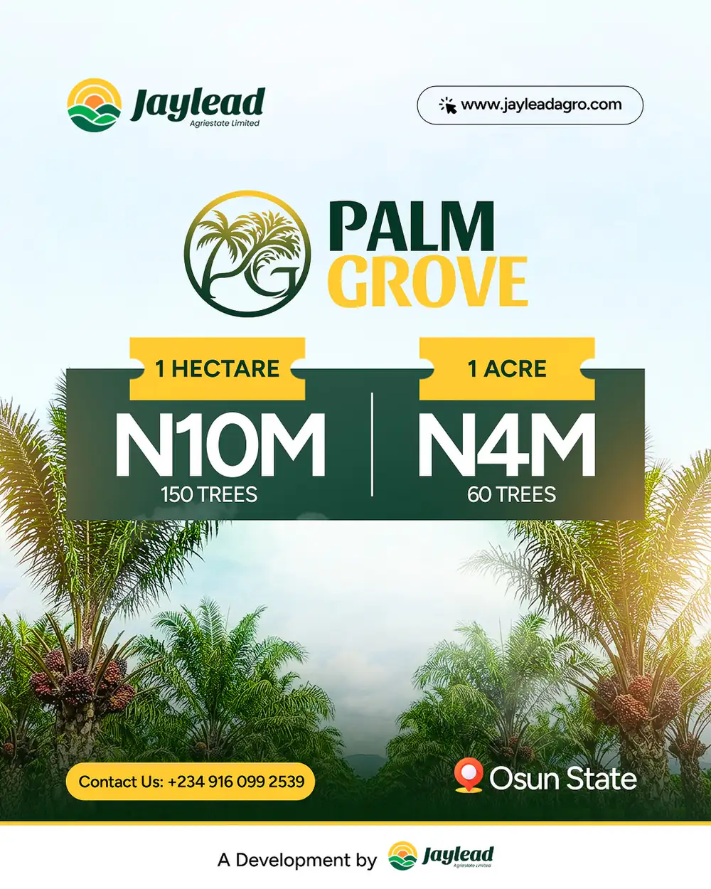 The Palm Grove Estate pricing card as published: 1 hectare with 150 trees and 1 acre with 60 trees, Osun State